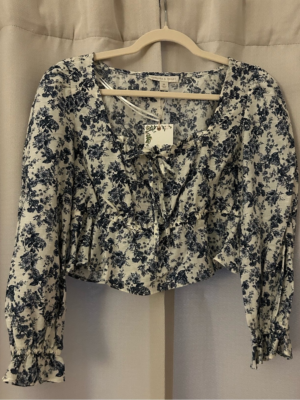 Blue Floral Tie-Front Crop Blouse